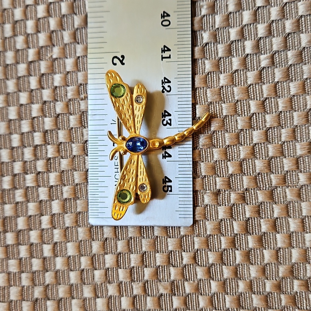 Dragonfly Pin Brooche Gold w/ Blue Green Purple Rhinestones Vintage - Picture 4 of 4